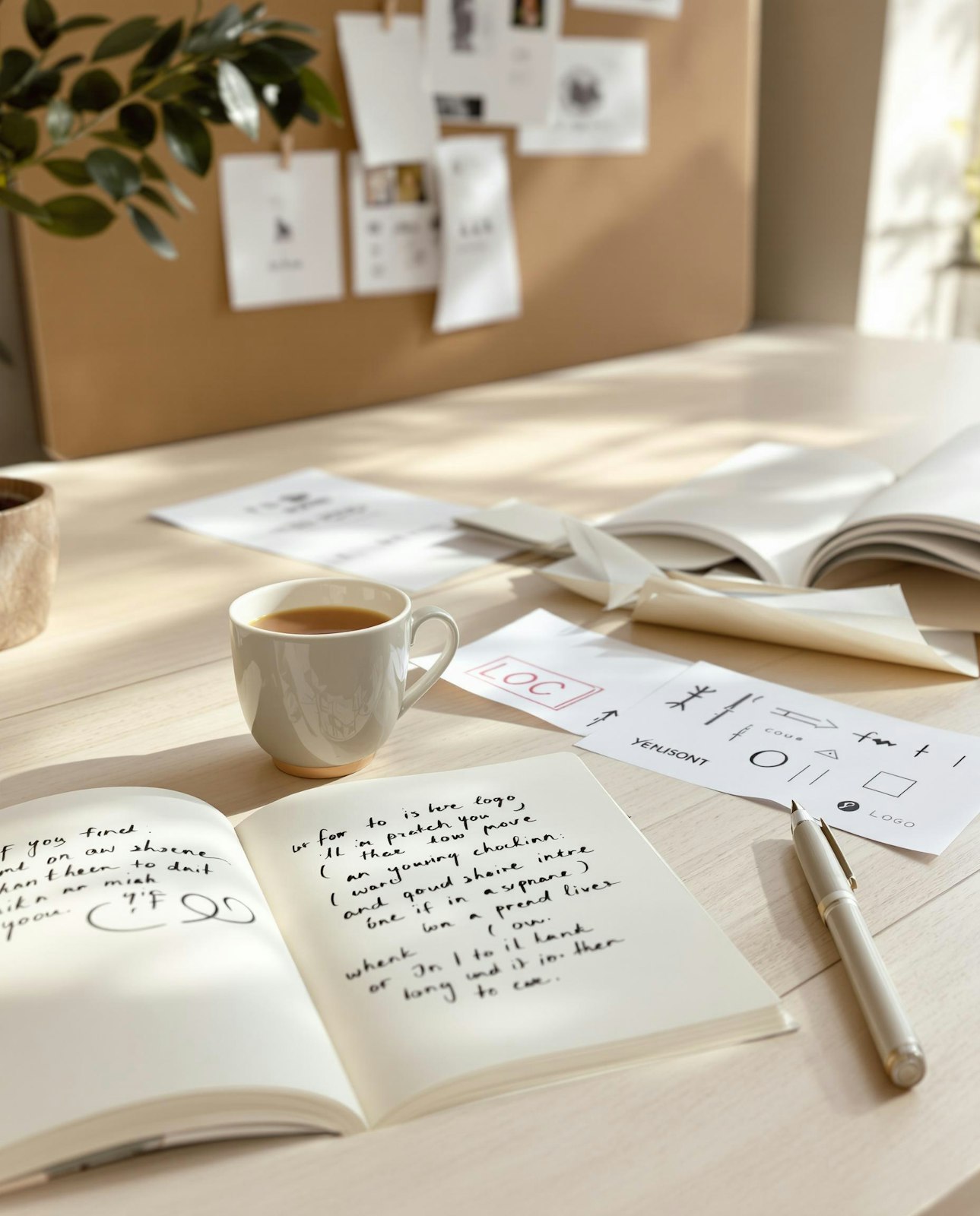 A sunlit desk with an open sketchbook, a cup of coffee and printed logo sketches
